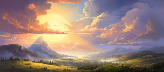 A picturesque natural landscape with a sunset painting the sky in vibrant colors, casting a warm glow over the valley and mountains in the background