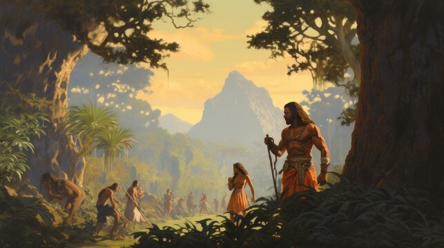A man with a spear is walking through a jungle with a group of people. The scene is set in a lush, green environment with trees and plants all around. Scene is adventurous and exciting, as the man