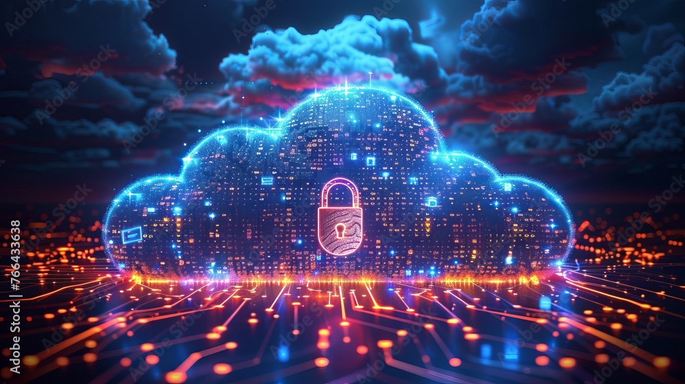 Poster conceptual illustration of cloud identity security, presenting a cloud icon secured with a fingerpri