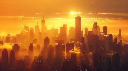 Skyline: A city skyline at sunset, with the warm glow of the sun casting a golden light over the buildings