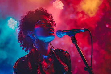 A close-up image of a female singer with stylish eyewear, passionately performing into a microphone...