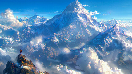 In the shadow of the towering Himalayas, a solitary figure on a cloud delves into a novel, the majestic peaks providing a silent, awe-inspiring backdrop to their literary journey - obrazy, fototapety, plakaty