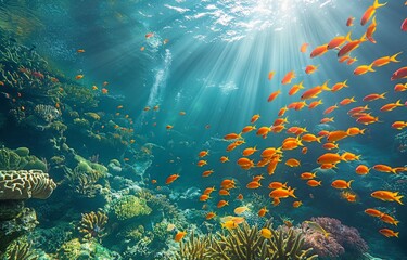 Anthias, the red coral fish, inhabit a shoal within a stunning tropical coral reef. Amazing underwater ecosystem with tropical fish and corals - obrazy, fototapety, plakaty