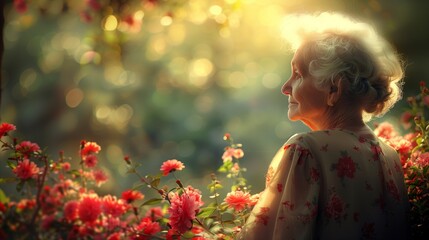 Golden Hour Serenity With Elderly Woman in Blooming Garden