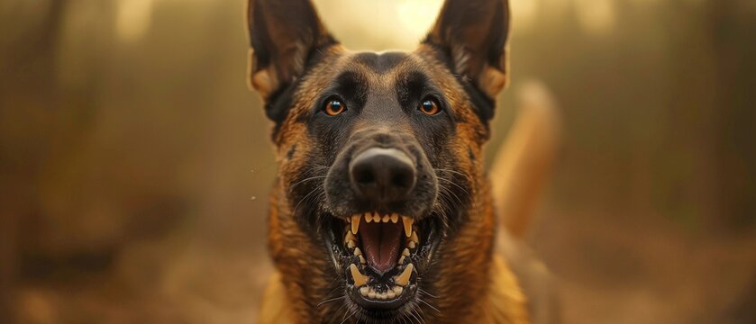 Growling and flashing her teeth, the Belgian Malinois shepherd dog