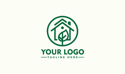 House Logo with Leaf - Home Care Icon - Linear Design - Garden Logo Vector - Housing Vector Illustration