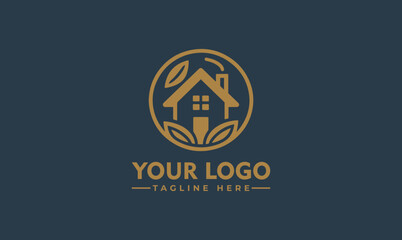 House Logo with Leaf - Home Care Icon - Linear Design - Garden Logo Vector - Housing Vector Illustration
