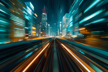 Blurred motion of city lights at night, depicting high-speed urban travel by train or city metro.