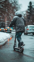 A man in a helmet on a scooter rides along the road among a stream of cars. Concept: traffic rules and danger on the road, two-wheeled electric transport