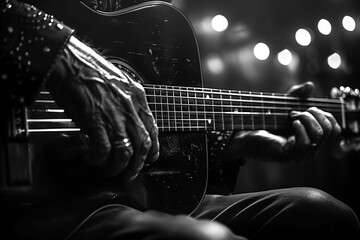 A person playing a guitar in black and white