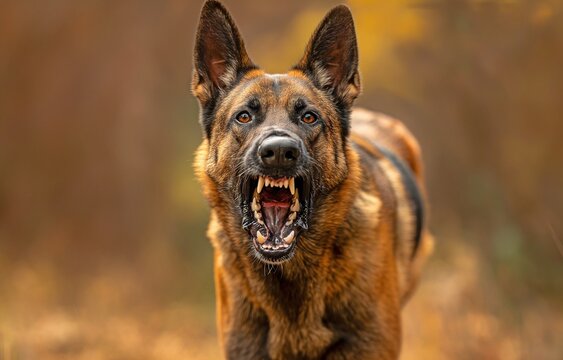 Growling and flashing her teeth, the Belgian Malinois shepherd dog