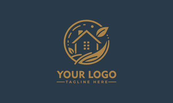 House Logo with Leaf - Home Care Icon - Linear Design - Garden Logo Vector - Housing Vector Illustration