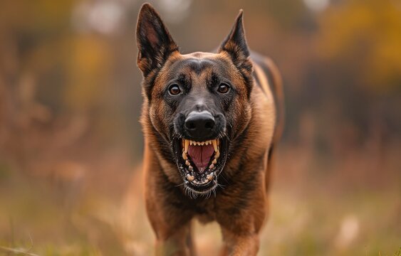 Growling and flashing her teeth, the Belgian Malinois shepherd dog
