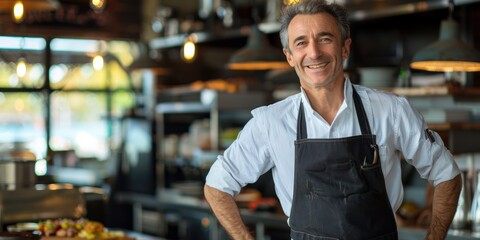 Smiling waiter standing with cross-arms happily working in cafe