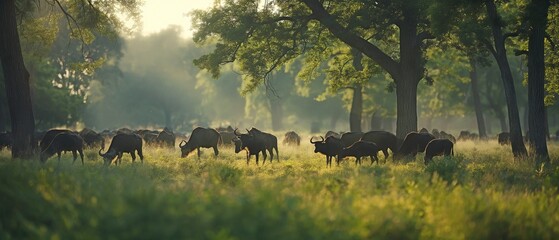 A gaur herd calmly grazing in a clearing in the woodland. Natural world and wildlife