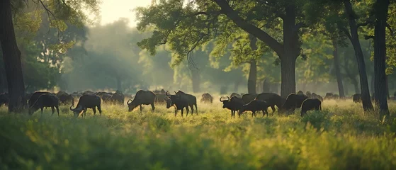 Fotobehang A gaur herd calmly grazing in a clearing in the woodland. Natural world and wildlife © tongpatong