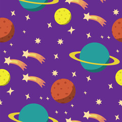 A seamless cosmic pattern. Planets, meteor and stars. Cartoon icons of planets. Children's items for scrap booking. Children's background. Hand-drawn vector illustration