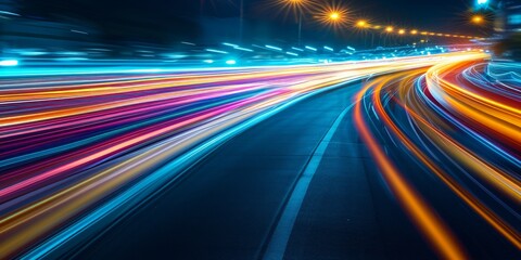 Fototapeta na wymiar Car motion trails. Speed light streaks background with blurred fast moving light effect. Racing cars dynamic flash effects city road with long exposure night lights