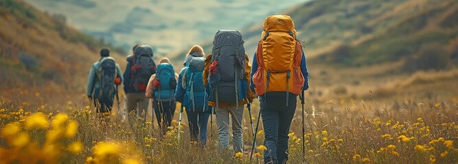 a gathering of youth Travellers with bulky backpacks trekking in the outdoors, ascending a mountain, and marching forward - obrazy, fototapety, plakaty