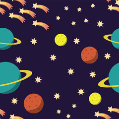 A seamless cosmic pattern. Planets, meteor and stars. Cartoon icons of planets. Children's items for scrap booking. Children's background. Hand-drawn vector illustration