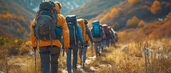 a gathering of youth Travellers with bulky backpacks trekking in the outdoors, ascending a mountain, and marching forward