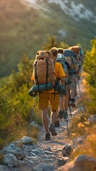 a gathering of youth Travellers with bulky backpacks trekking in the outdoors, ascending a mountain, and marching forward