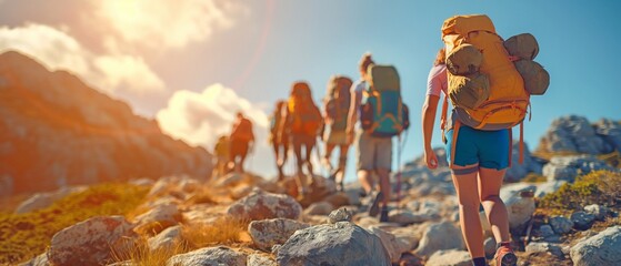 a gathering of youth Travellers with bulky backpacks trekking in the outdoors, ascending a mountain, and marching forward - obrazy, fototapety, plakaty