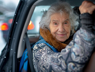 Una signora anziana scende dall'auto, l'assistente la aiuta, tenendole le mani. Una donna anziana ha difficoltà ad alzarsi dal sedile posteriore dell'auto - obrazy, fototapety, plakaty