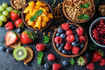 A table displaying bowls filled with a variety of fresh fruit and nuts breakfast