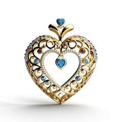 Golden heart with precious stones. Jewelry on a white background.