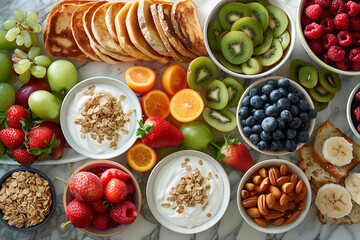 A table topped with assorted bowls of fruit and crackers breakfast - Powered by Adobe