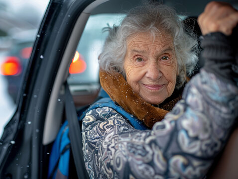 Una signora anziana scende dall'auto, l'assistente la aiuta, tenendole le mani. Una donna anziana ha difficoltà ad alzarsi dal sedile posteriore dell'auto