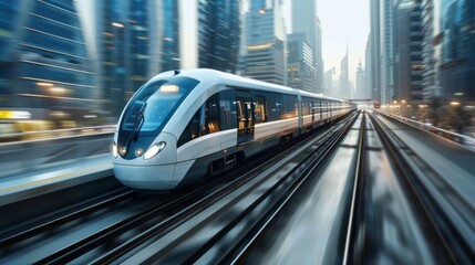 A futuristic train speeding through a bustling cityscape, representing the seamless integration of transportation and technology in modern society - obrazy, fototapety, plakaty