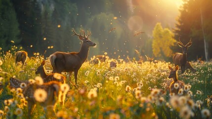 A group of animals frolicking in a sun-drenched meadow, embodying the joy and freedom of life in...