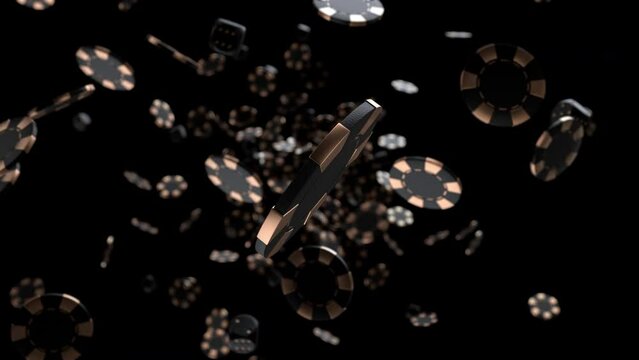 Luxury gold casino chips and dices explode in slow motion to screen