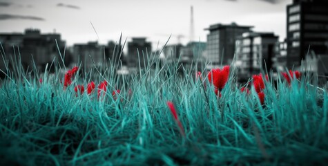 Red flowers in the green grass with a city in the background. - Powered by Adobe