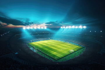 Illuminated soccer stadium at night with bright lights shining on the field in 3D ing concept