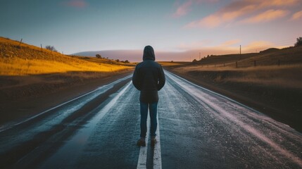 Young man stands on the road and watches the sunset - obrazy, fototapety, plakaty