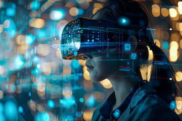 Naklejka premium A tech-savvy individual immersed in a virtual reality environment, interacting with futuristic data visualizations and analytics..