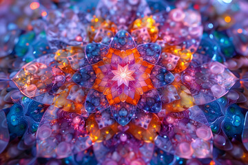 A detailed view of a bright and colorful flower in close-up holographic kaleidoscope wallpaper - obrazy, fototapety, plakaty