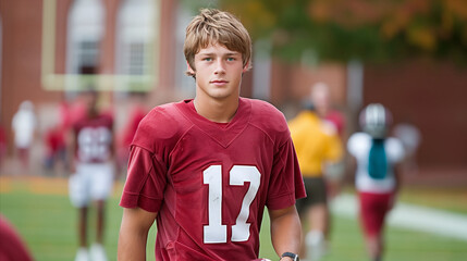 High School Football Player at Practice During Autumn - obrazy, fototapety, plakaty