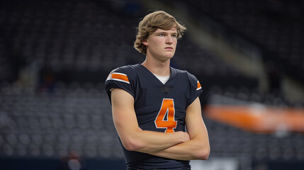 Pensive Football Player Standing on Field at Dusk