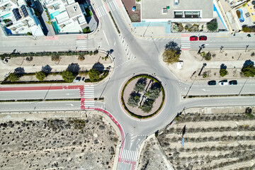 Aerial photography, view from above of empty roads intersection, streets view of Los Montesinos suburban district. Province of Alicante. Costa Blanca. Spain - 766436054