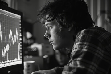 Black and white image of a concentrated young male deeply engrossed in studying complex financial charts on a desktop monitor..