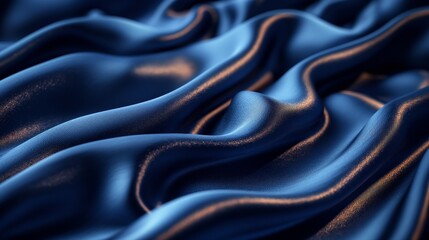 Navy blue silk satin. Silky shiny fabric. Dark luxury background with space for design. Banner. Wide. Long. Panoramic. Template. Empty. Flat lay, top view table. Beautiful. Elegant. Birthday.Christmas