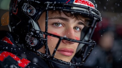 Close-Up of Young Football Player During a Game on a Snowy Day