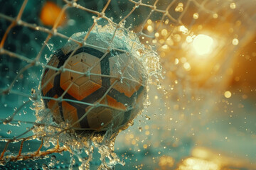Soccer ball captured in the moment of impact with the net, creating a splash of water droplets in a backlit scene..