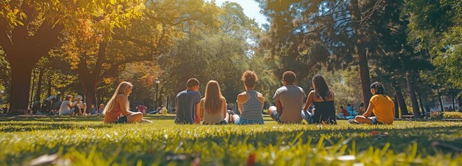Huddling on a verdant lawn in a stunning summer park is a group of young, different people.