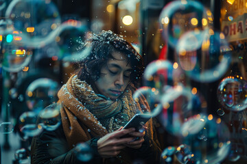 A focused individual is immersed in their smartphone, surrounded by the whimsy of falling snowflakes and floating bubbles in a vibrant city..