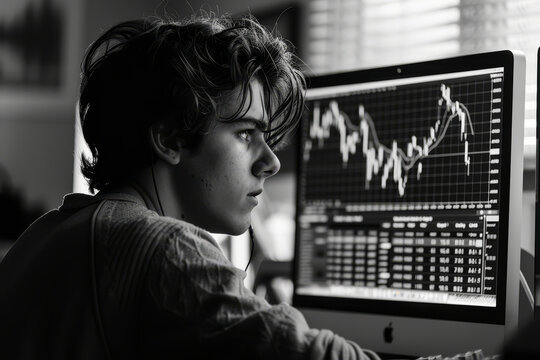 Black and white image of a concentrated young male deeply engrossed in studying complex financial charts on a desktop monitor..